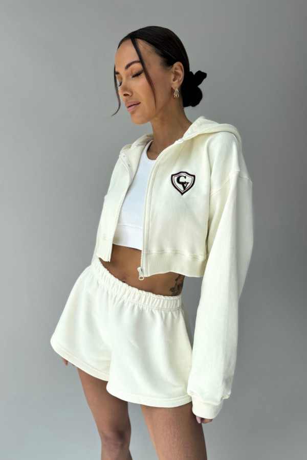 Bluza krótka z kapturem ZIP haft HERB - ecru 5