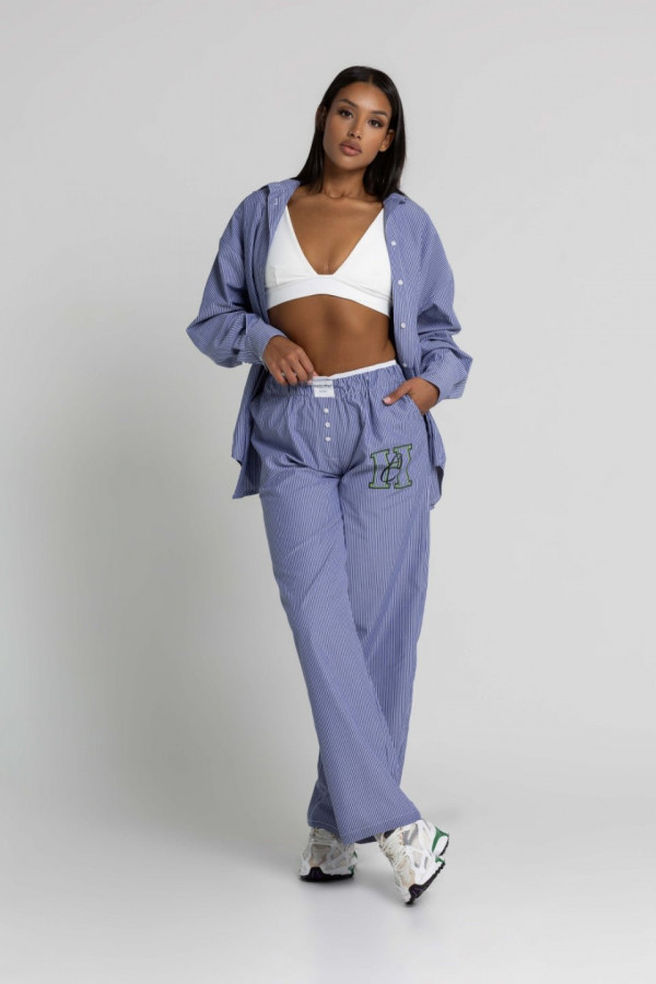 Spodnie damskie PAJAMAS - niebieski w paski nadruk CW zielony 1