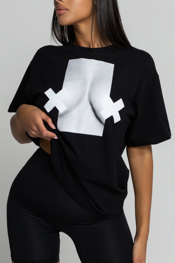 T-shirt bawełna z recyklingu oversize XX BOOBIES- czarny 2