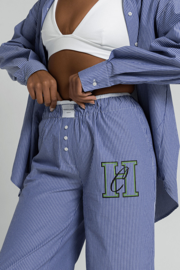 Spodnie damskie PAJAMAS - niebieski w paski nadruk CW zielony 6