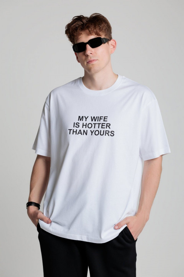 T-shirt bawełna z recyklingu oversize WIFE nadruk czarny - biały