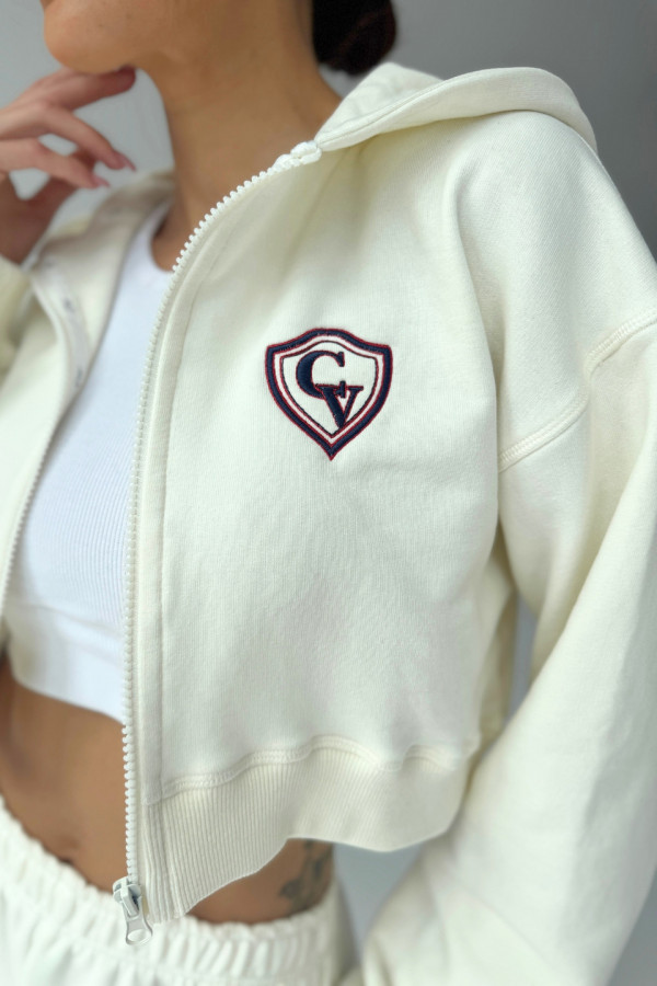 Bluza krótka z kapturem ZIP haft HERB - ecru