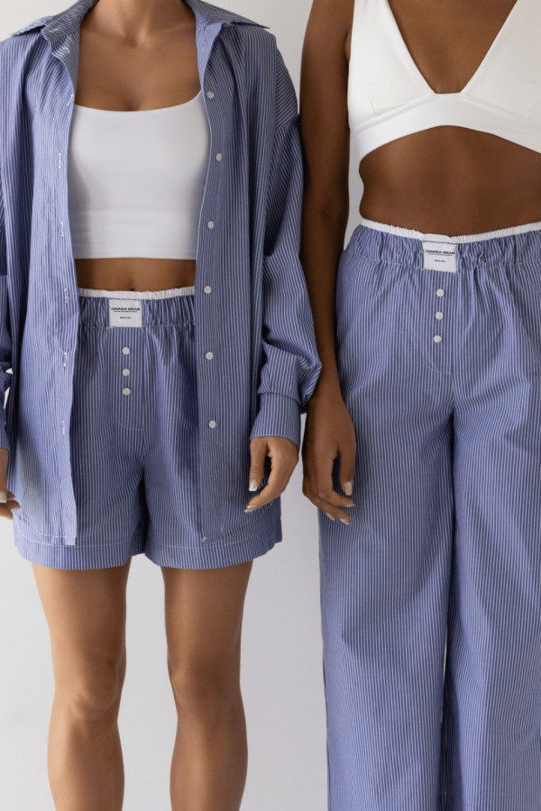 Spodnie damskie PAJAMAS - niebieski w paski nadruk CW zielony 5