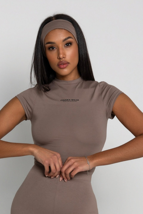 Krótki dopasowany t-shirt typu motylek nadruk CHIARA - beżowy 2