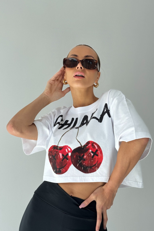 T-shirt crop top CHERRY - biały 4