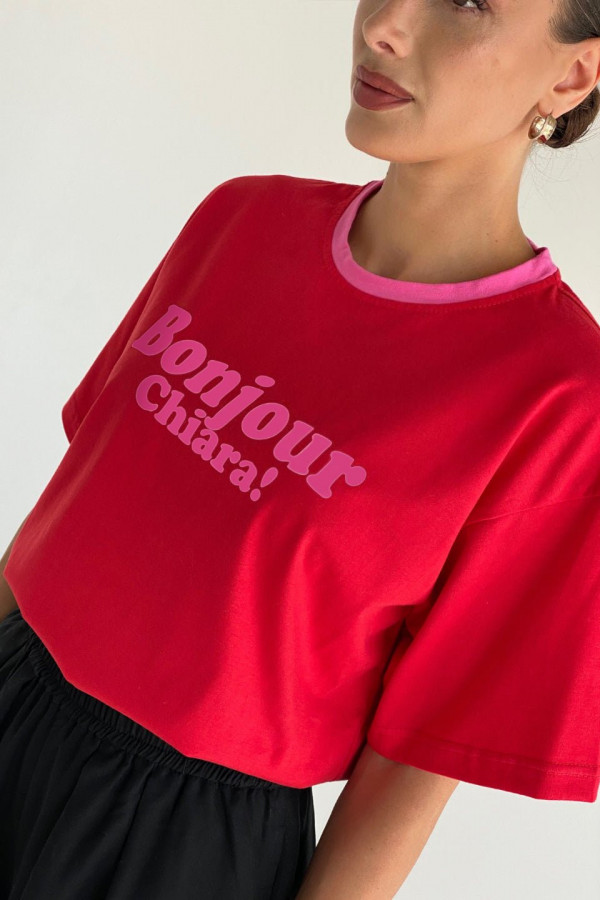 T-shirt bawełniany oversize BONJOUR CHIARA - czerwony z różowym wykończeniem 1