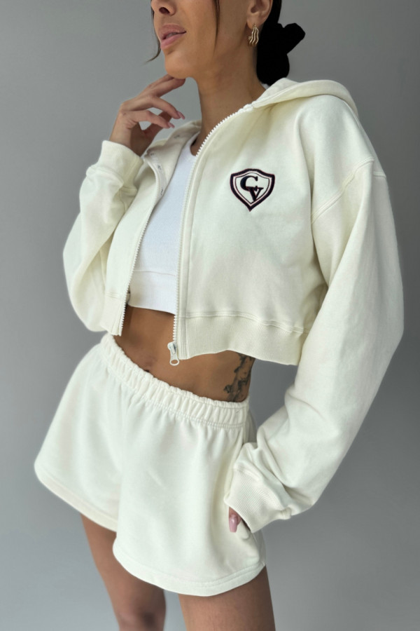 Bluza krótka z kapturem ZIP haft HERB - ecru 2