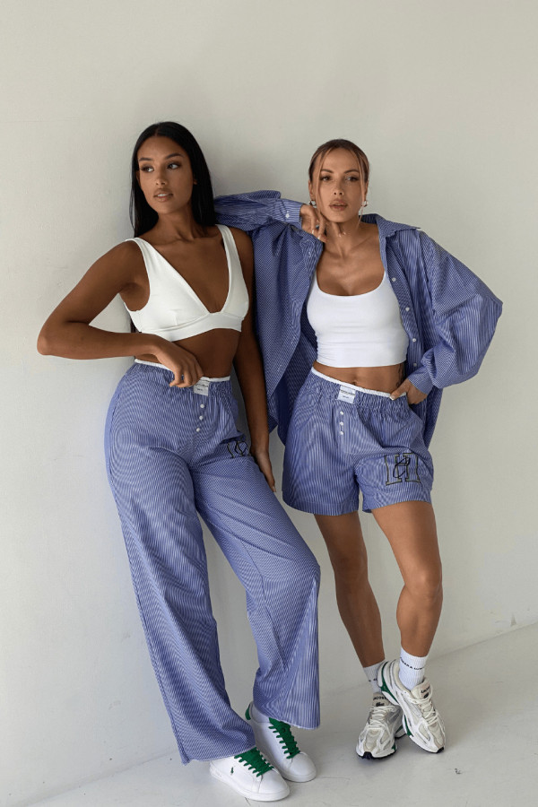 Spodnie damskie PAJAMAS - niebieski w paski nadruk CW zielony 4