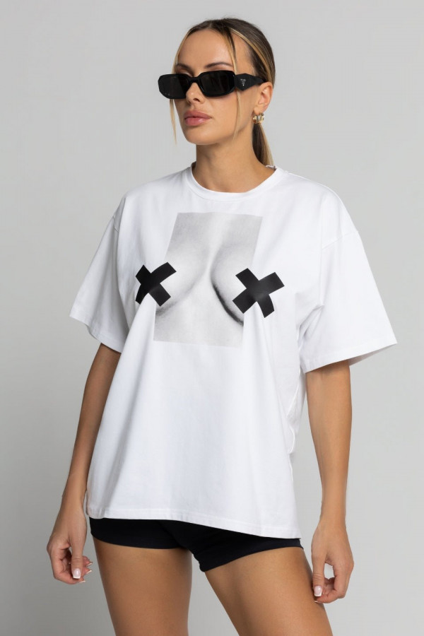 T-shirt bawełna z recyklingu oversize XX BOOBIES- biały 1