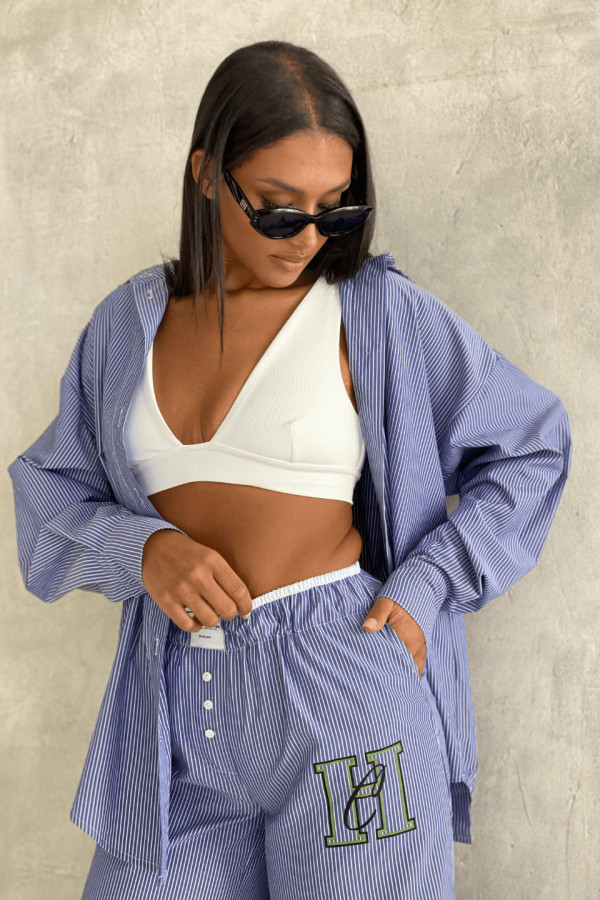 Spodnie damskie PAJAMAS - niebieski w paski nadruk CW zielony 3