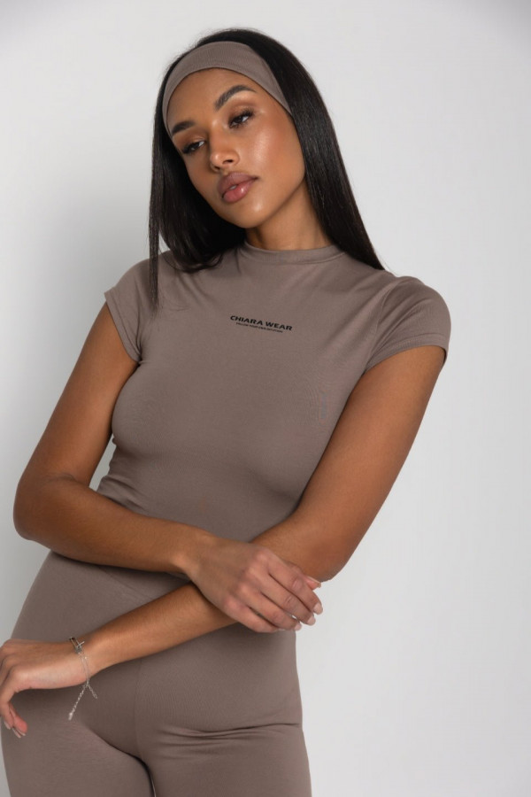 Krótki dopasowany t-shirt typu motylek nadruk CHIARA - beżowy 3