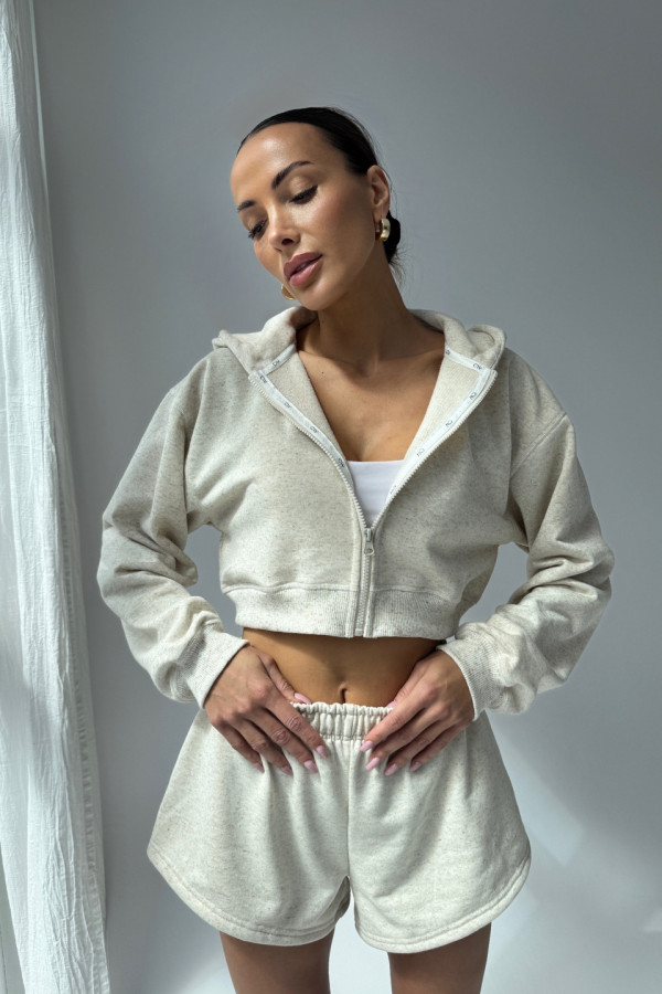 Bluza krótka z kapturem ZIP - len