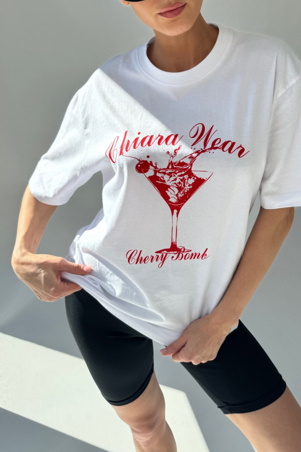 T-shirt bawełniany oversize CHERRY BOMB - biały