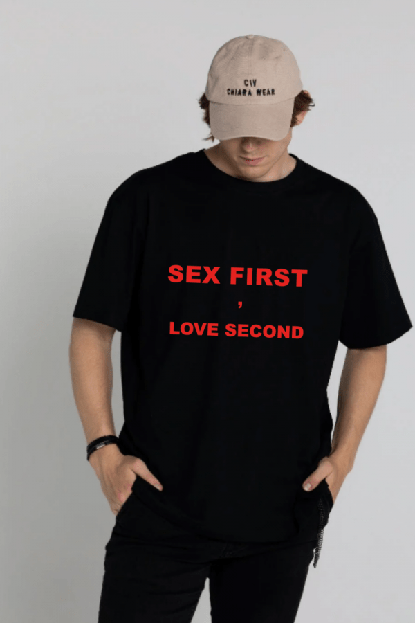 T-shirt męski bawełniany oversize SEX FIRST - czarny