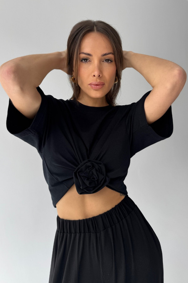 T-shirt crop top z różą hand made ROSE - czarny 4