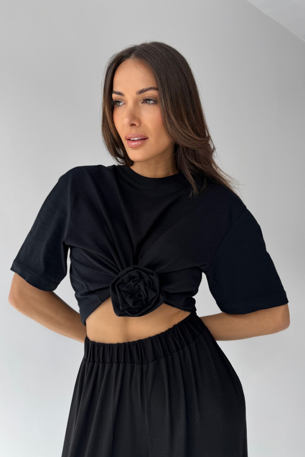 T-shirt crop top z różą hand made ROSE - czarny