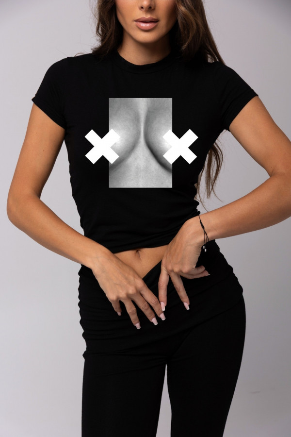 Krótki dopasowany t-shirt typu motylek nadruk XX BOOBIES - czarny 1