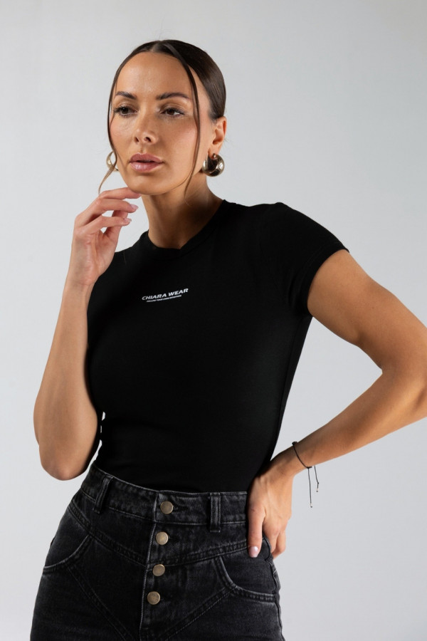 Krótki dopasowany t-shirt typu motylek nadruk CHIARA - czarny 3