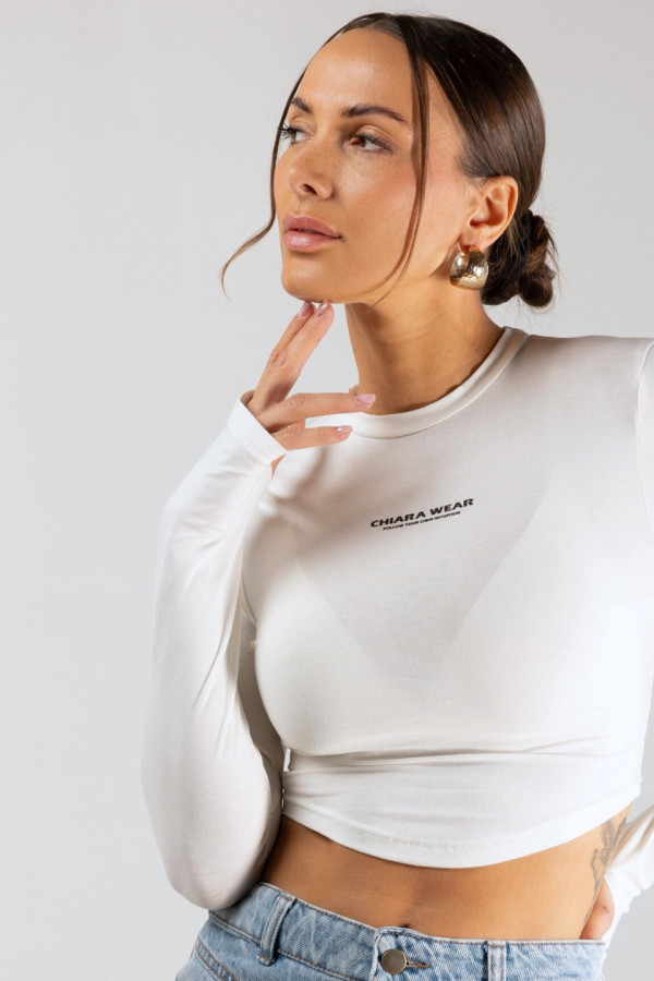 Krótki dopasowany longsleeve VALERIE nadruk CHIARA - biały