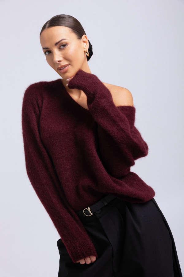 Sweter V-neck wełna moher - bordowy 1