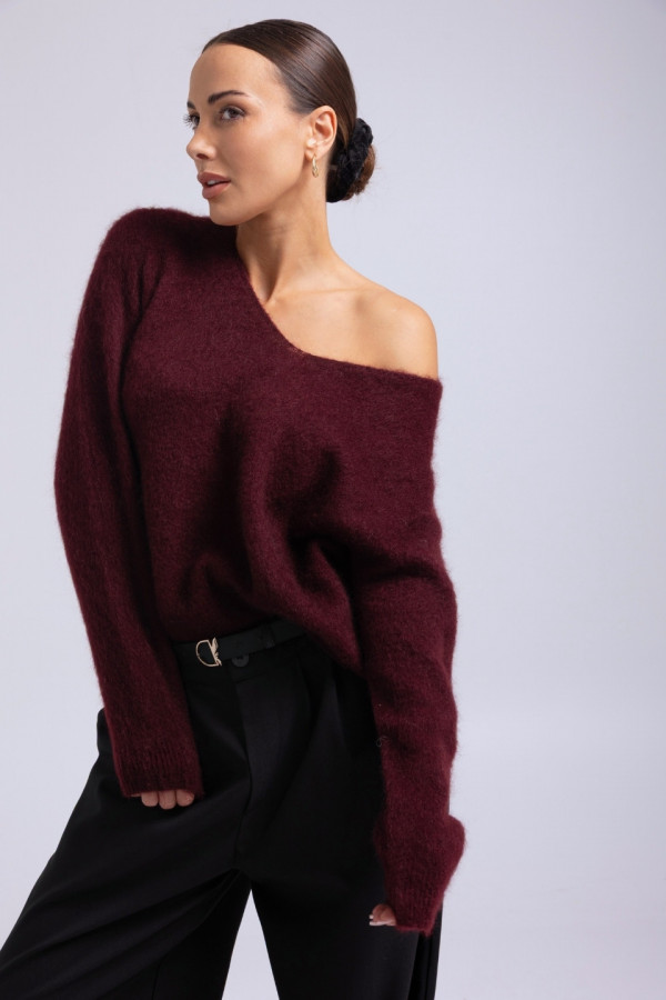 Sweter V-neck wełna moher - bordowy 2