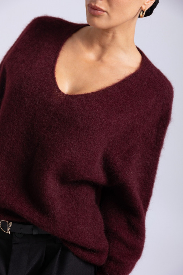 Sweter V-neck wełna moher - bordowy 3