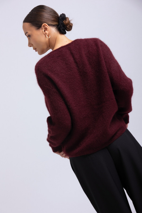 Sweter V-neck wełna moher - bordowy 4