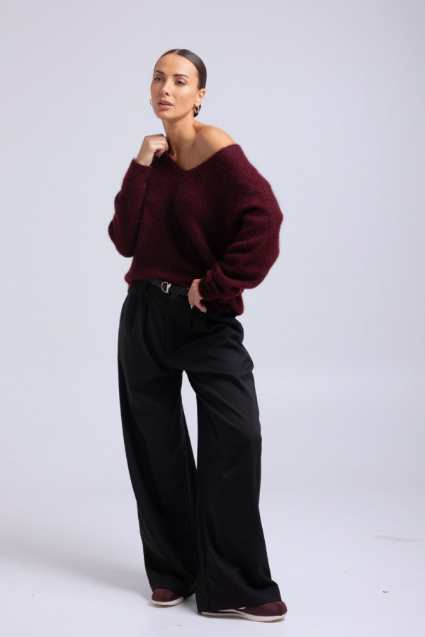 Sweter V-neck wełna moher - bordowy 5