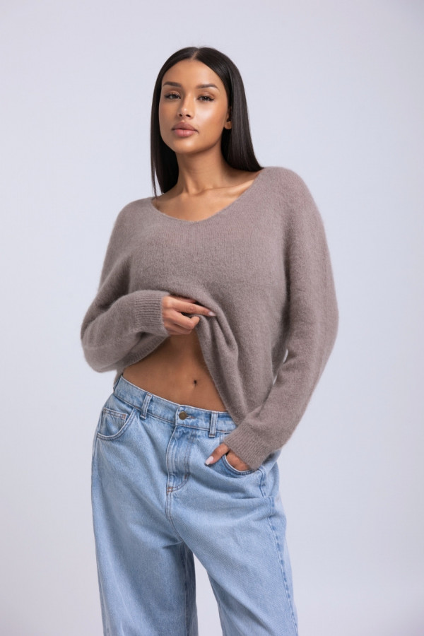 Sweter v-neck wełna moher - brązowy 4