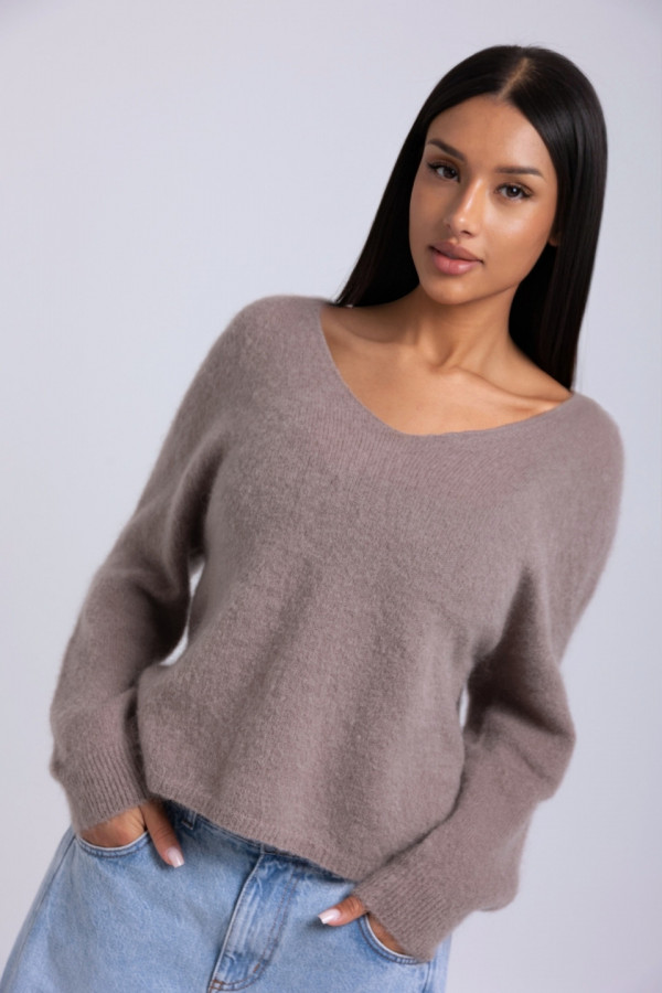 Sweter v-neck wełna moher - brązowy 1