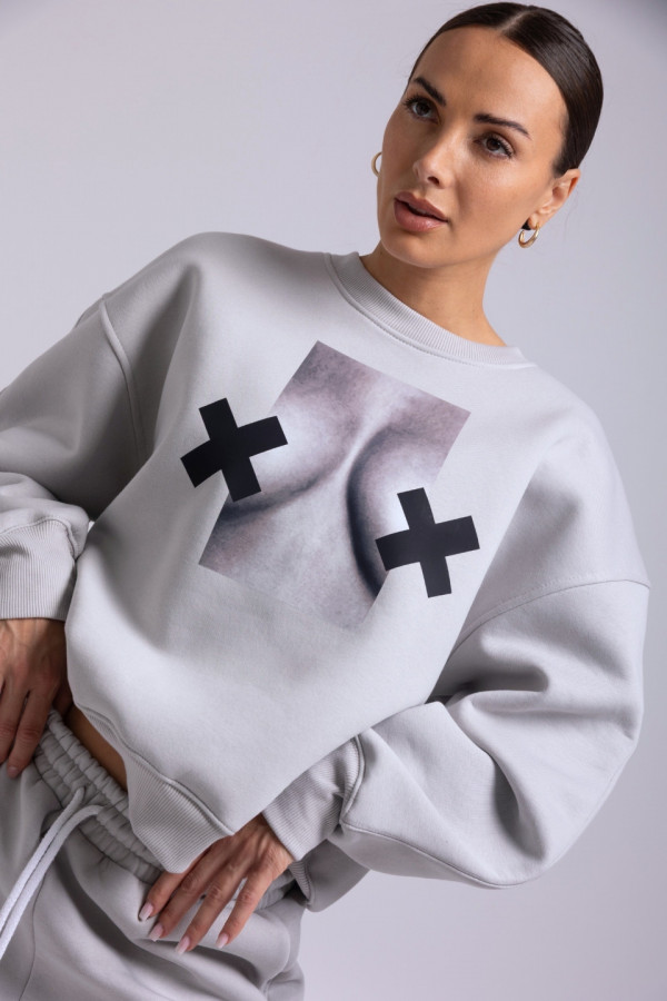 Bluza damska oversize XX BOOBIES - gołębi (jasny szary)